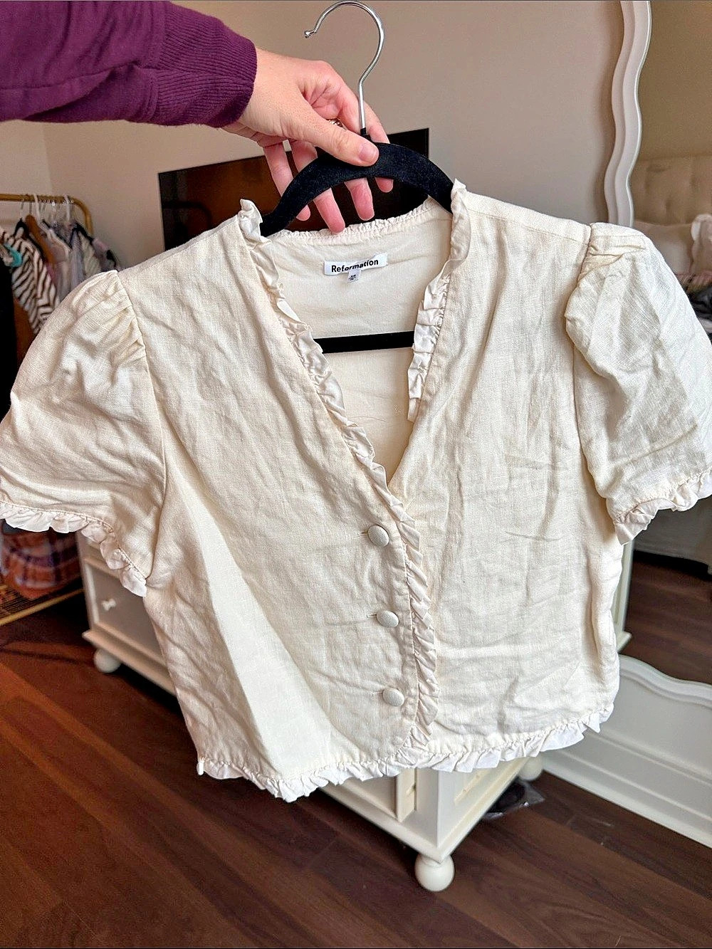 Reformation Bess Linen Top Ruffle Sleeve Blouse White XS